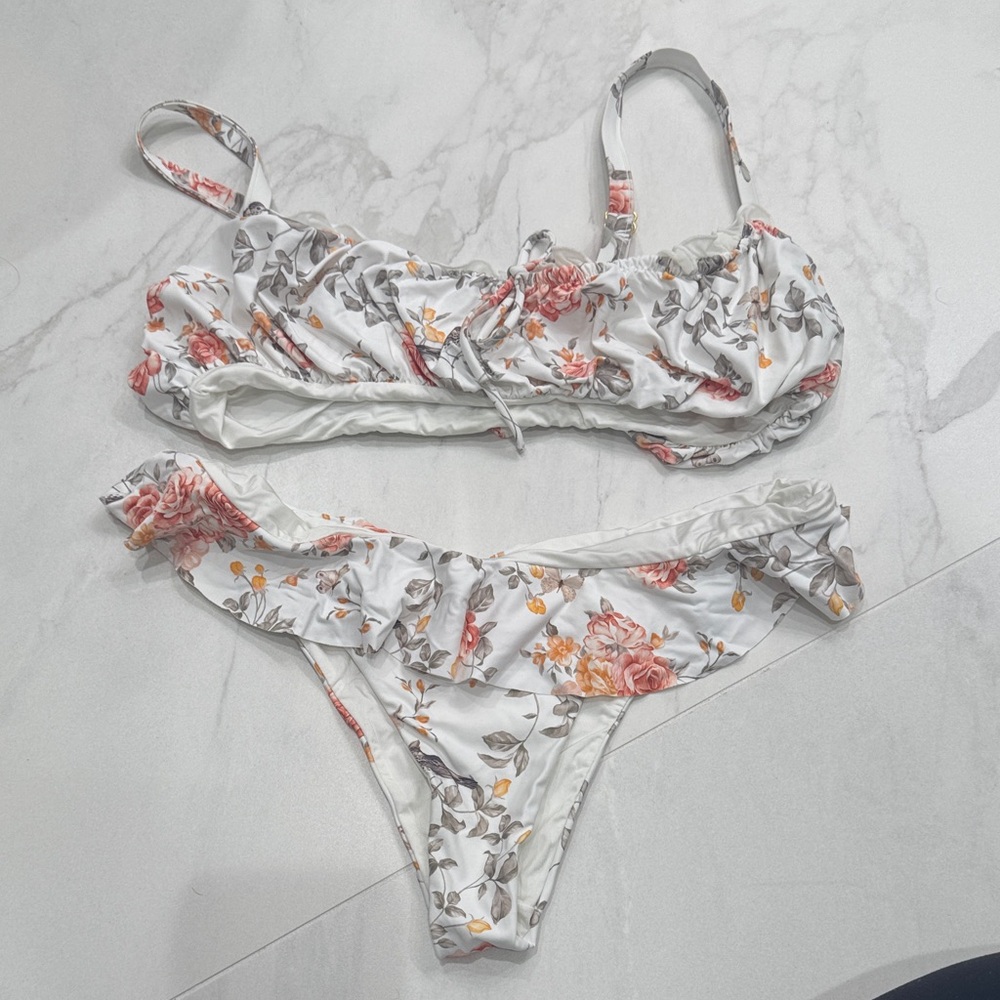 WeWoreWhat Ruffled Floral Bikini in White and Pink- never worn